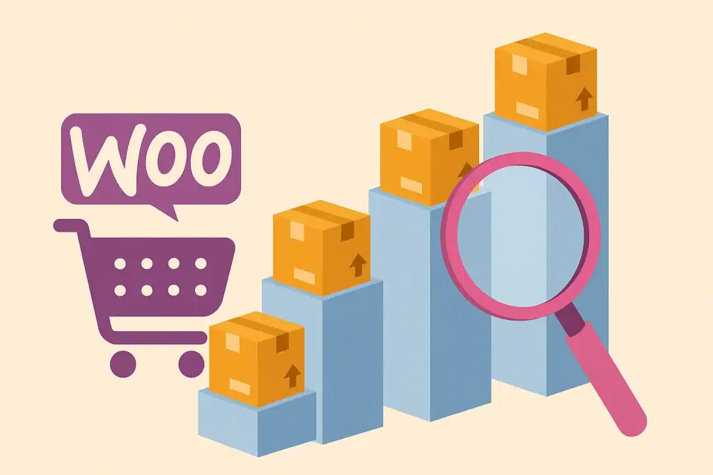 Icon showing a shopping cart with the Woo logo and ascending boxes, symbolising sales and growth tracking.