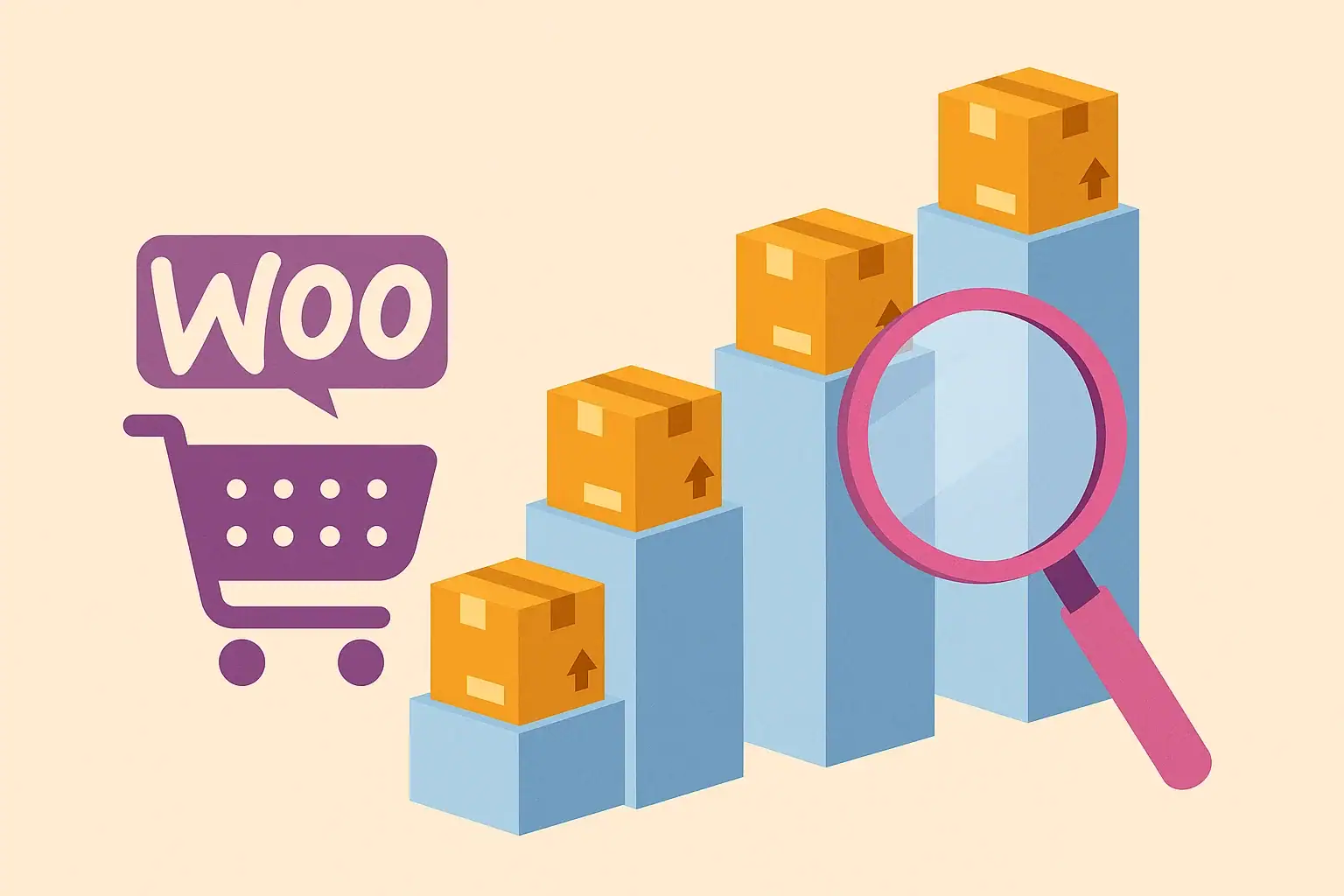 Image of stacked boxes with a magnifying glass and a shopping cart icon with "WOO" overlay.