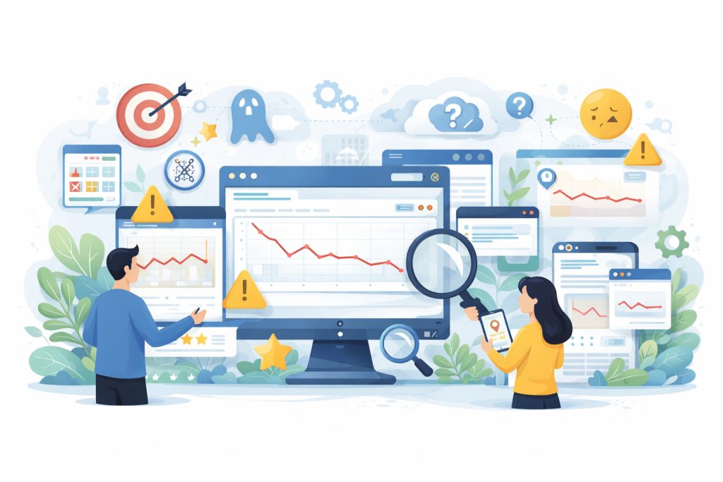 An SEO and analytics dashboard showing website traffic and performance metrics.