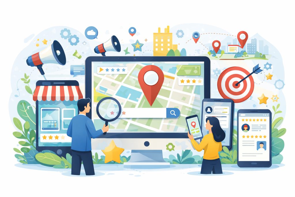 Online map with location pins, search bar, and user devices.