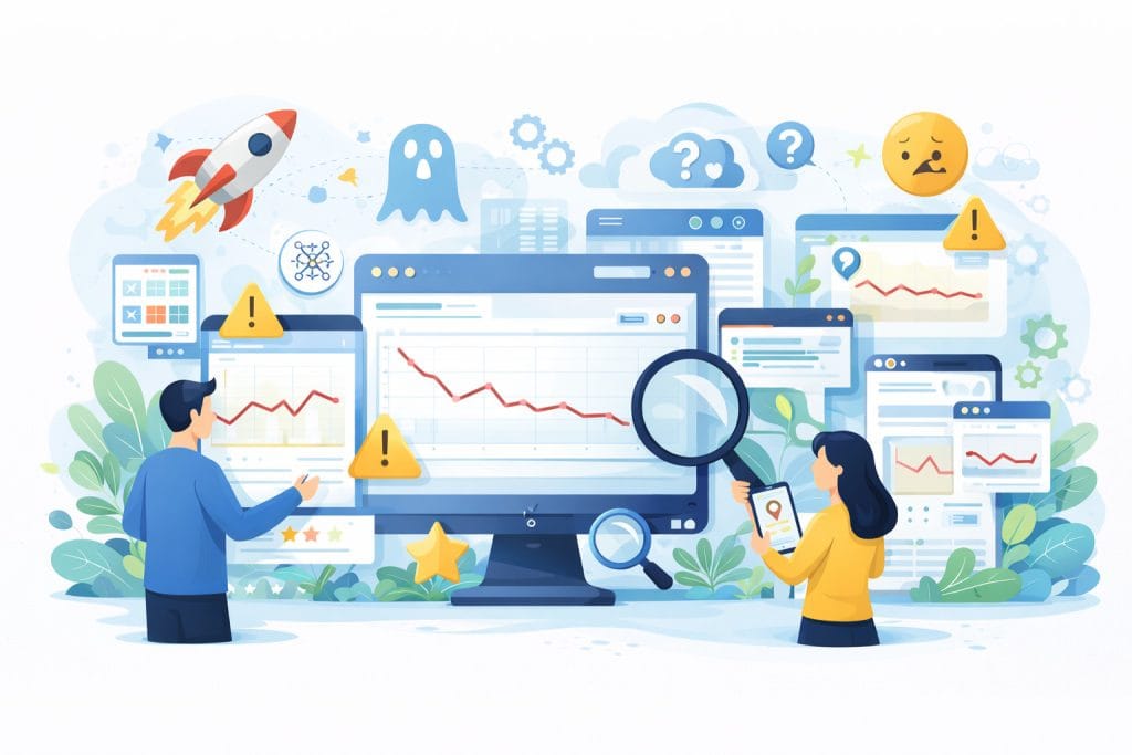 Web analytics dashboard showing declining trends, alerts, and data insights with two people analysing data.
