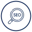 Icon of a magnifying glass with "SEO" text inside, representing search engine optimization tools.